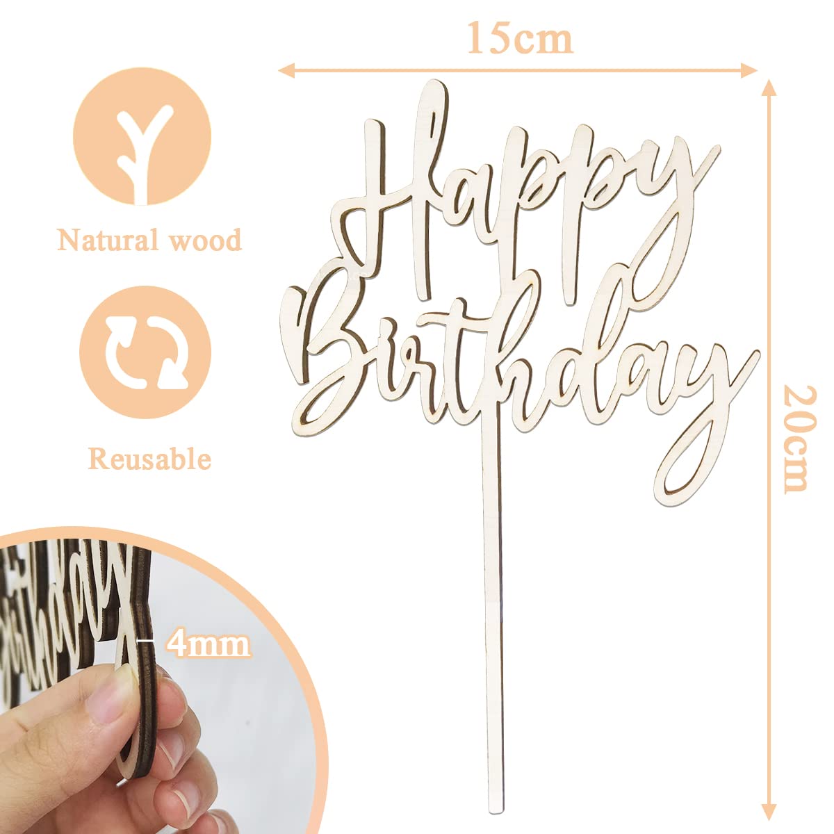 BOYATONG Cake Topper Happy Birthday aus Holz Kuchendeko Geburtstag, Kuchen Deko für Mädchen Jungen Frauen Mann Größe 15x 20cm, Beige