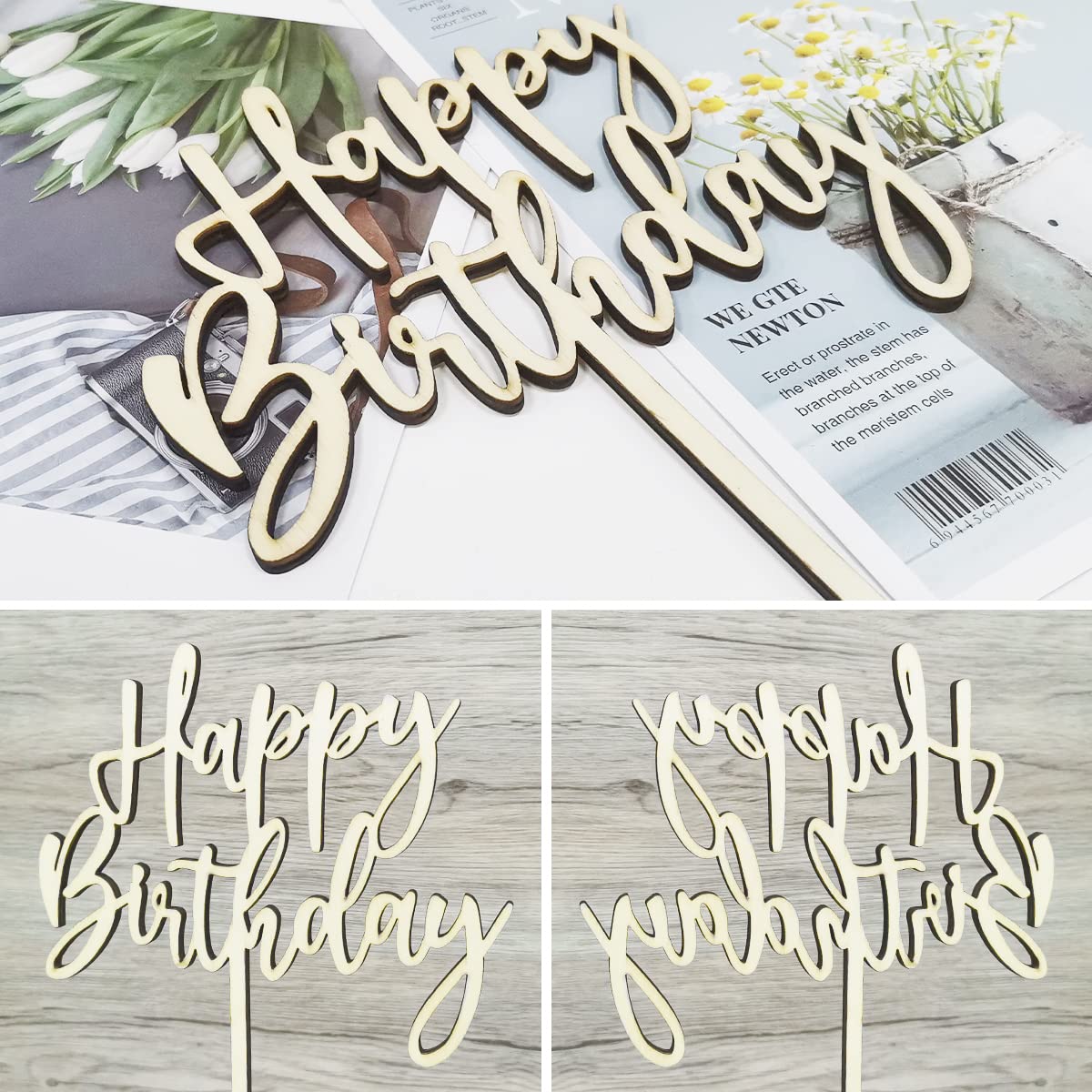 BOYATONG Cake Topper Happy Birthday aus Holz Kuchendeko Geburtstag, Kuchen Deko für Mädchen Jungen Frauen Mann Größe 15x 20cm, Beige